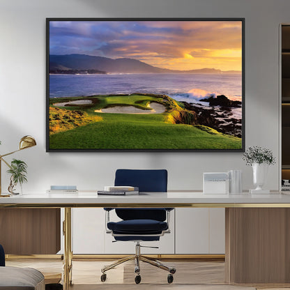 39644075-MGV-CV-36X24-Golf Course Wall Art – Coastal Sunset Canvas Print, Scenic Oceanfront Fairway Landscape Decor for Office, Man Cave, or Living Room