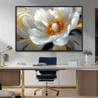 39604126-MGV-FC-36X24_Black-Abstract Flower Wall Art – Elegant White and Gold Bloom Canvas Print, Modern Floral Artwork for Bedroom, Living Room, or Office