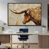 69611428-MGV-CV-36X24-Longhorn Bull Wall Art – Rustic Western Canvas Print, Textured Farmhouse Cattle Painting for Living Room, Office, or Ranch House