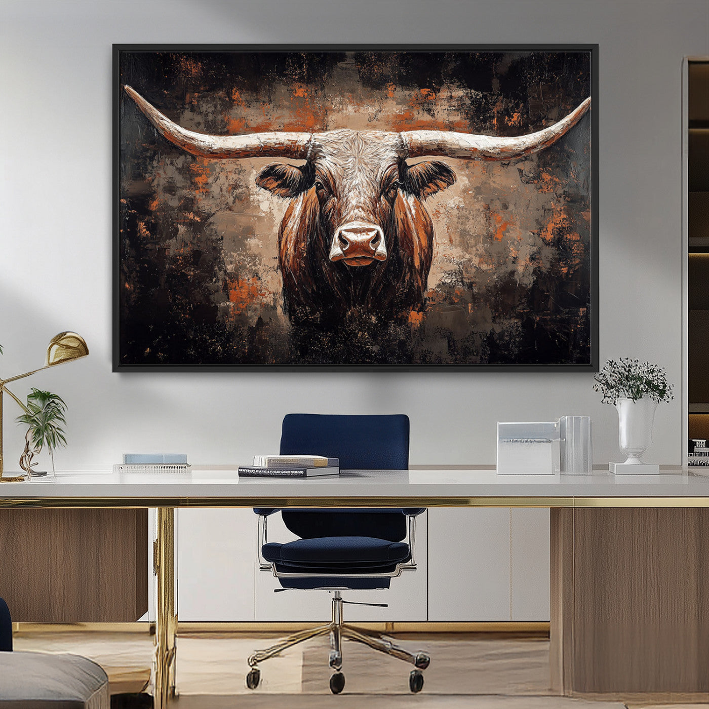 24779067-MGV-CV-36X24-Longhorn Bull Wall Art – Western Rustic Canvas Print, Bold Cowboy Cattle Painting for Ranch House, Farmhouse, Office, or Living