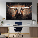 24779067-MGV-CV-36X24-Longhorn Bull Wall Art – Western Rustic Canvas Print, Bold Cowboy Cattle Painting for Ranch House, Farmhouse, Office, or Living