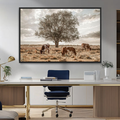 87590224-MGV-FC-36X24_Black-Longhorn Cattle Wall Art – Rustic Western Landscape Canvas Print, Texas Farmhouse Prairie Scene for Living Room, Office, or Ranch