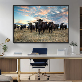 13867292-MGV-CV-36X24-Black Cattle Wall Art – Rustic Ranch Herd Canvas Print, Western Farmhouse Country Landscape Decor for Living Room, Office, or