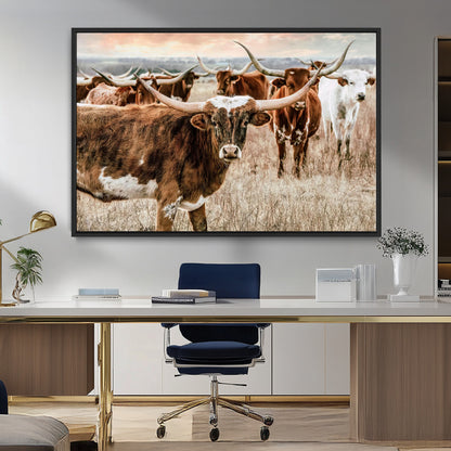 47758300-MGV-CV-36X24-Texas Longhorn Cattle Wall Art – Rustic Western Herd Canvas Print, Cowboy Ranch Farmhouse Decor for Living Room, Office, or