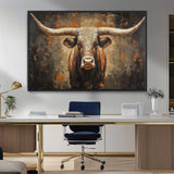 19204445-MGV-CV-36X24-Texas Longhorn Bull Wall Art – Rustic Western Canvas Print, Bold Cowboy Cattle Painting for Ranch House, Farmhouse, Office, or