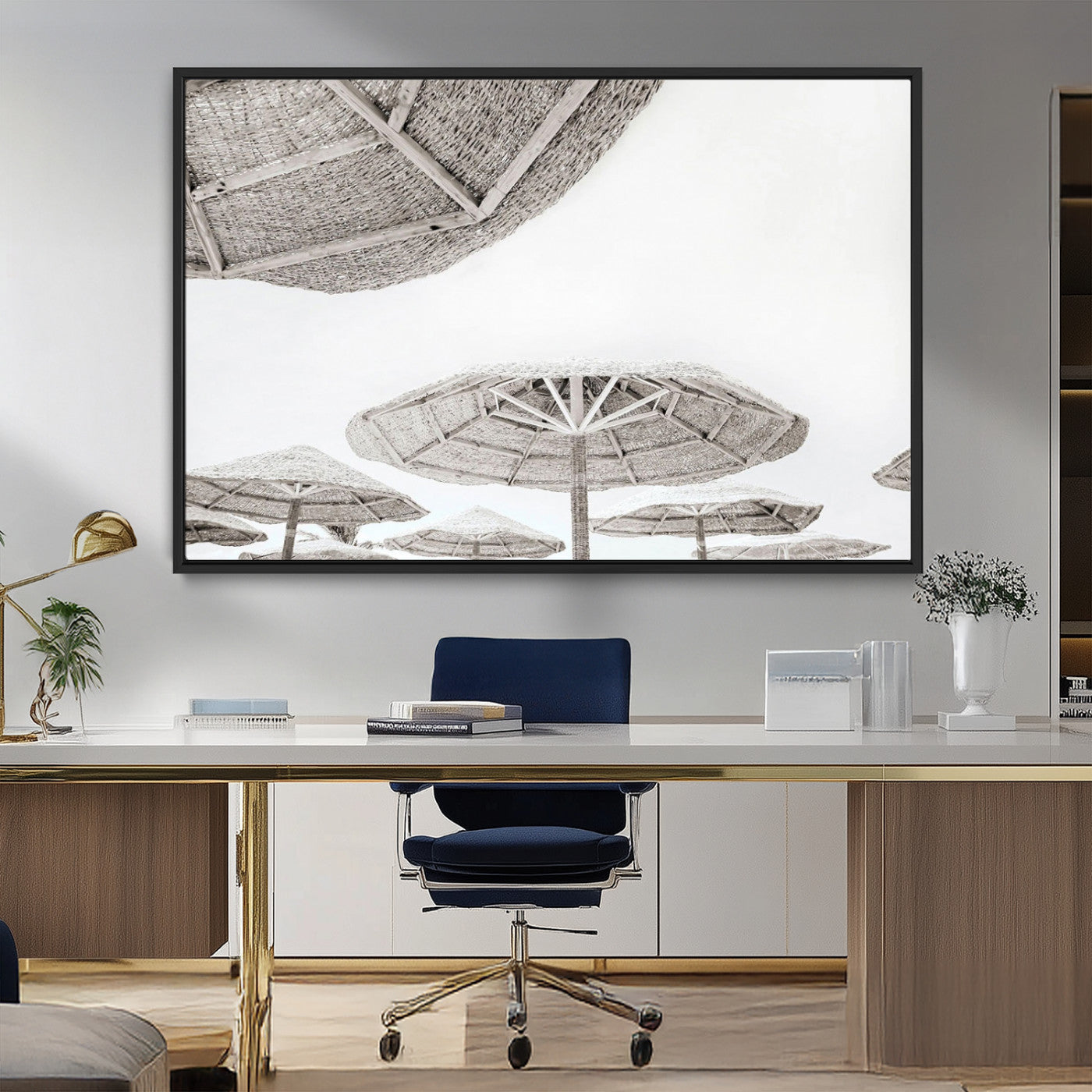 97043123-MGV-CV-36X24-Beach Umbrella Wall Art – Minimalist Coastal Canvas Print, Woven Parasol Summer Decor for Bedroom, Living Room, or Modern Beach