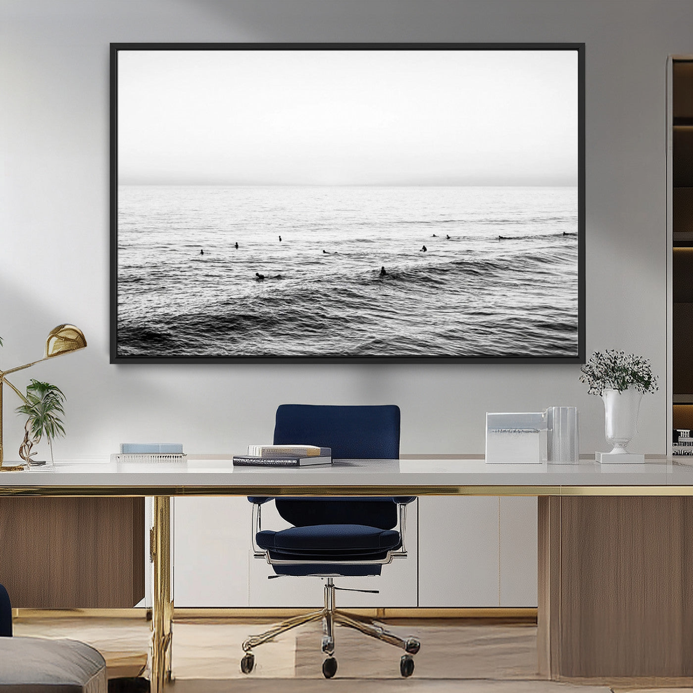 47208268-MGV-CV-36X24-Surfer Ocean Wall Art – Black and White Coastal Canvas Print, Minimalist Surfing Seascape Decor for Living Room, Bedroom, or Beach