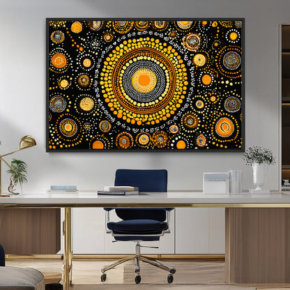 45478523-MGV-FC-36X24_Black-Abstract Circle Wall Art – Bold Black and Gold Dot Painting Canvas Print, Modern Geometric Mandala Style Decor for Living Room or