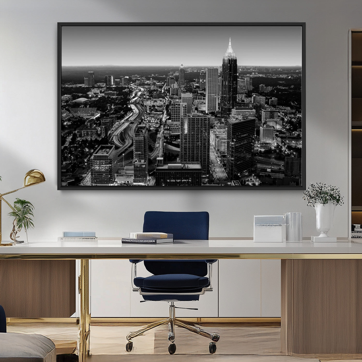 46578567-MGV-FC-36X24_Black-Atlanta Skyline Wall Art – Black and White Cityscape Canvas Print, Modern Urban Night Decor for Office, Living Room, or Apartment