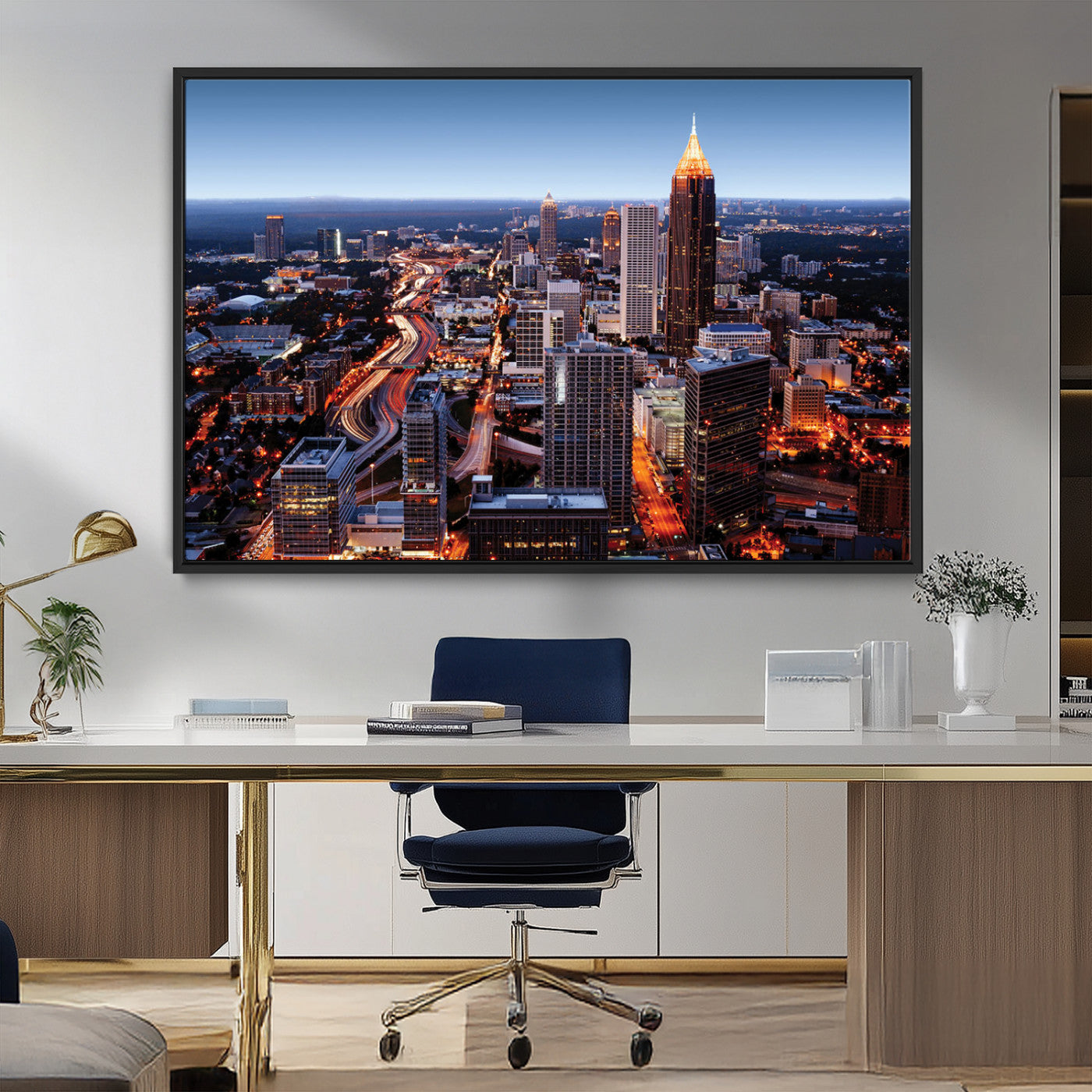 81886632-MGV-FC-36X24_Black-Atlanta Skyline Wall Art – Vibrant City Lights Canvas Print, Modern Urban Cityscape Decor for Living Room, Office, or Apartment