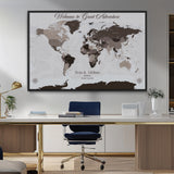43749658-MGV-CV-36X24-Welcome to Great Adventure World Map Wall Art – Charcoal Gray Canvas Print, Rustic Travel Decor for Living Room, Study, Office or