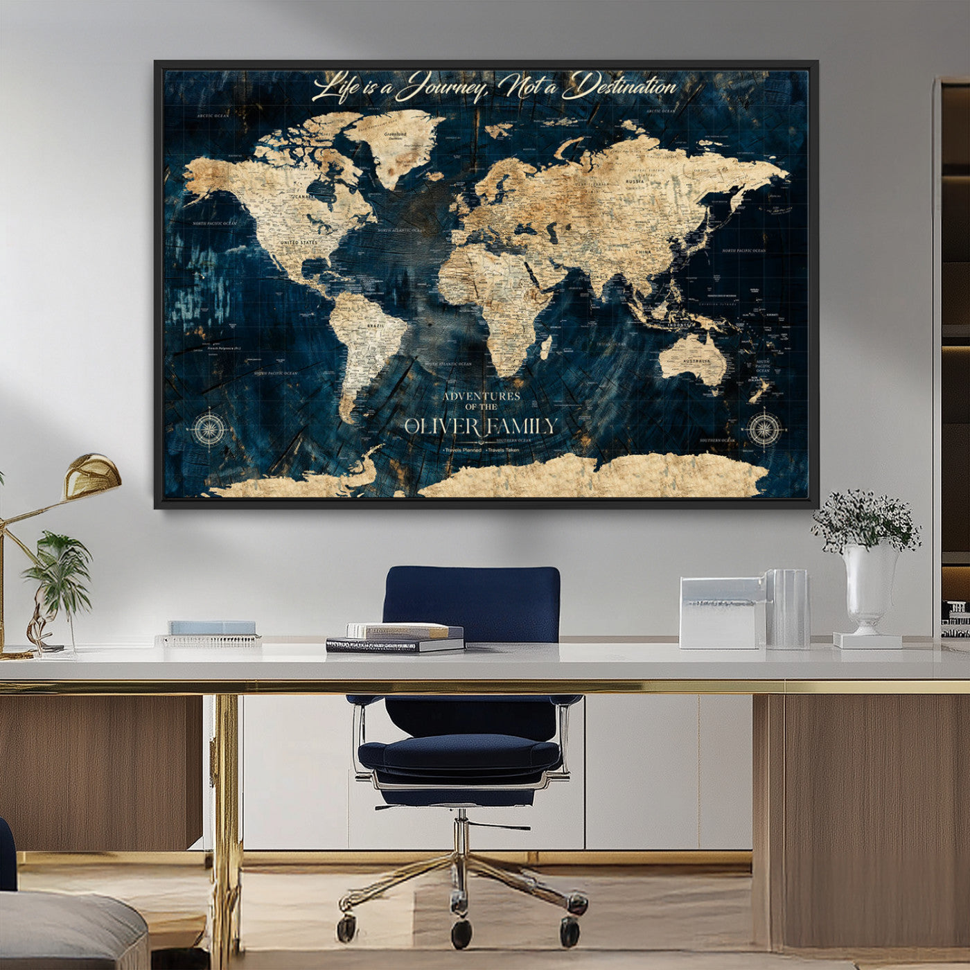 36970886-MGV-CV-36X24-Life is a Journey Not a Destination World Map Rustic Navy Beige Vintage Travel Wall Art Adventure Quote Canvas Print for Home