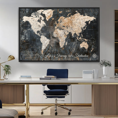 37848568-MGV-CV-36X24-Life is a Journey Not a Destination World Map Rustic Wood Texture Vintage Beige Navy Adventure Wall Art Canvas Print for Home