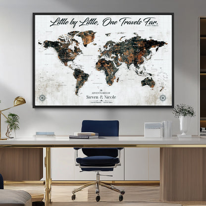 88337180-MGV-CV-36X24-Little by Little One Travels Far Tolkien Quote World Map Rustic Black Brown Adventure Wall Art Canvas Print for Home Office Living