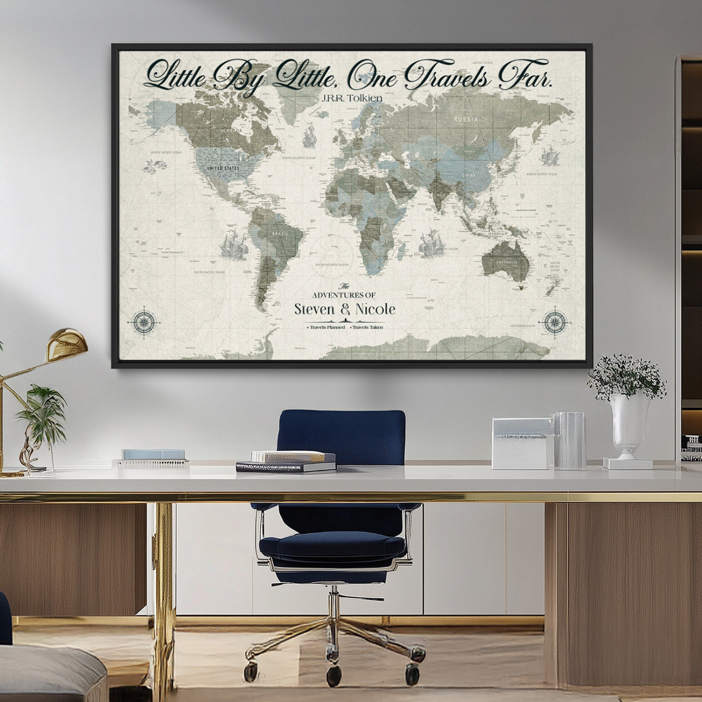 10693204-MGV-CV-36X24-Little By Little One Travels Far Tolkien Quote Blue Green World Map Adventure Wall Art Canvas Print Rustic Wanderlust Travel Decor