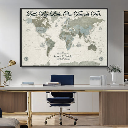 10693204-MGV-CV-36X24-Little By Little One Travels Far Tolkien Quote Blue Green World Map Adventure Wall Art Canvas Print Rustic Wanderlust Travel Decor