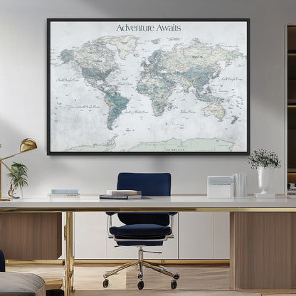 TEST111-MGV-CV-36X24-Personalized Adventure Awaits Push Pin World Map – Custom Framed Travel Tracker Canvas Wall Art for Home, Office