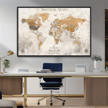 99422096-MGV-CV-36X24-Adventure Awaits World Map Wall Art – Neutral Beige Canvas Print, Modern Travel Inspired Wall Decor for Living Room, Bedroom or