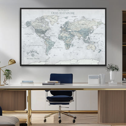 94249974-MGV-CV-36X24-Ours Explore World Map Wall Art – Modern Travel Canvas Print, Neutral Adventure Decor for Living Room, Office, Study, Bedroom,