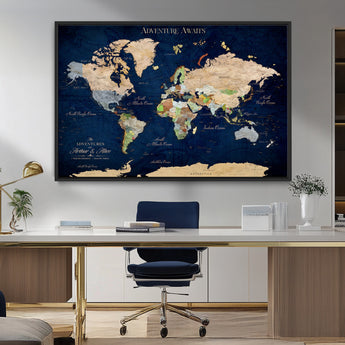 43160428-MGV-CV-36X24-Adventure Awaits Navy Blue World Map – Vibrant Travel Canvas Wall Art, Antique Atlas Print, Wanderlust Decor for Home Office