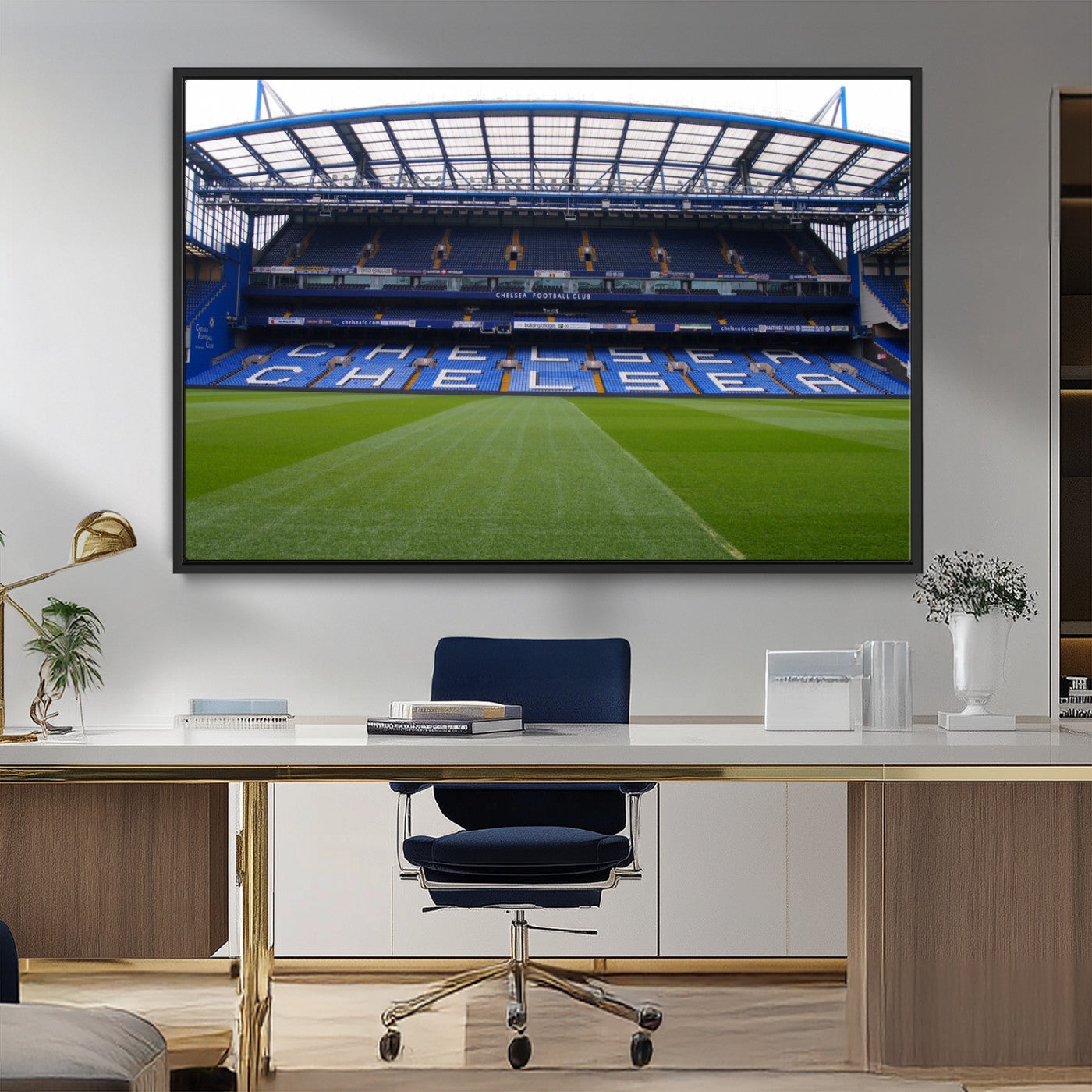38616413CHELSA-MGV-CV-36X24-Chelsea Stadium Wall Art – Panoramic Football Field Canvas Print, Game Day Sports Decor for Living Room, Office, or Man Cave