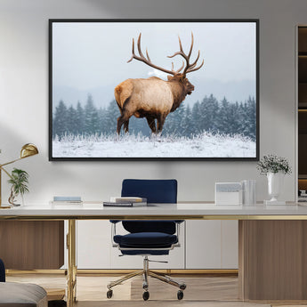 85177251-MGV-CV-36X24-Elk Wall Art – Majestic Wildlife Canvas Print of Bull Elk Snowy Forest, Rustic Nature Decor for Living Room, Cabin, or Office