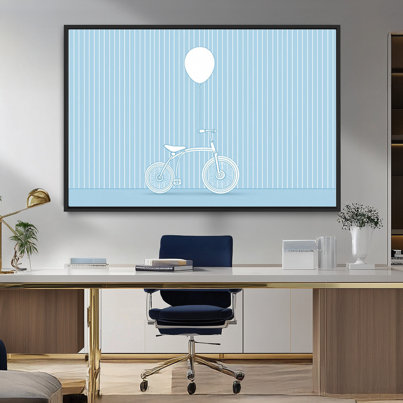 56479838-MGV-CV-36X24-Bicycle Wall Art – Minimalist Blue Canvas Print with Balloon Illustration, Modern Decor Artwork for Kids Room, Nursery, or Living