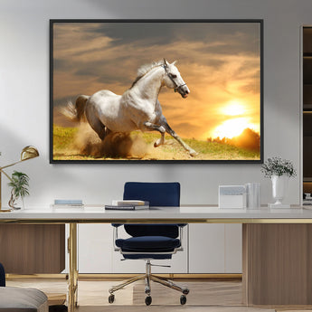 44295212-MGV-CV-36X24-Horse Wall Art – Running White Stallion Canvas Print with Sunset Background, Western Wildlife Decor for Living Room, Office, or