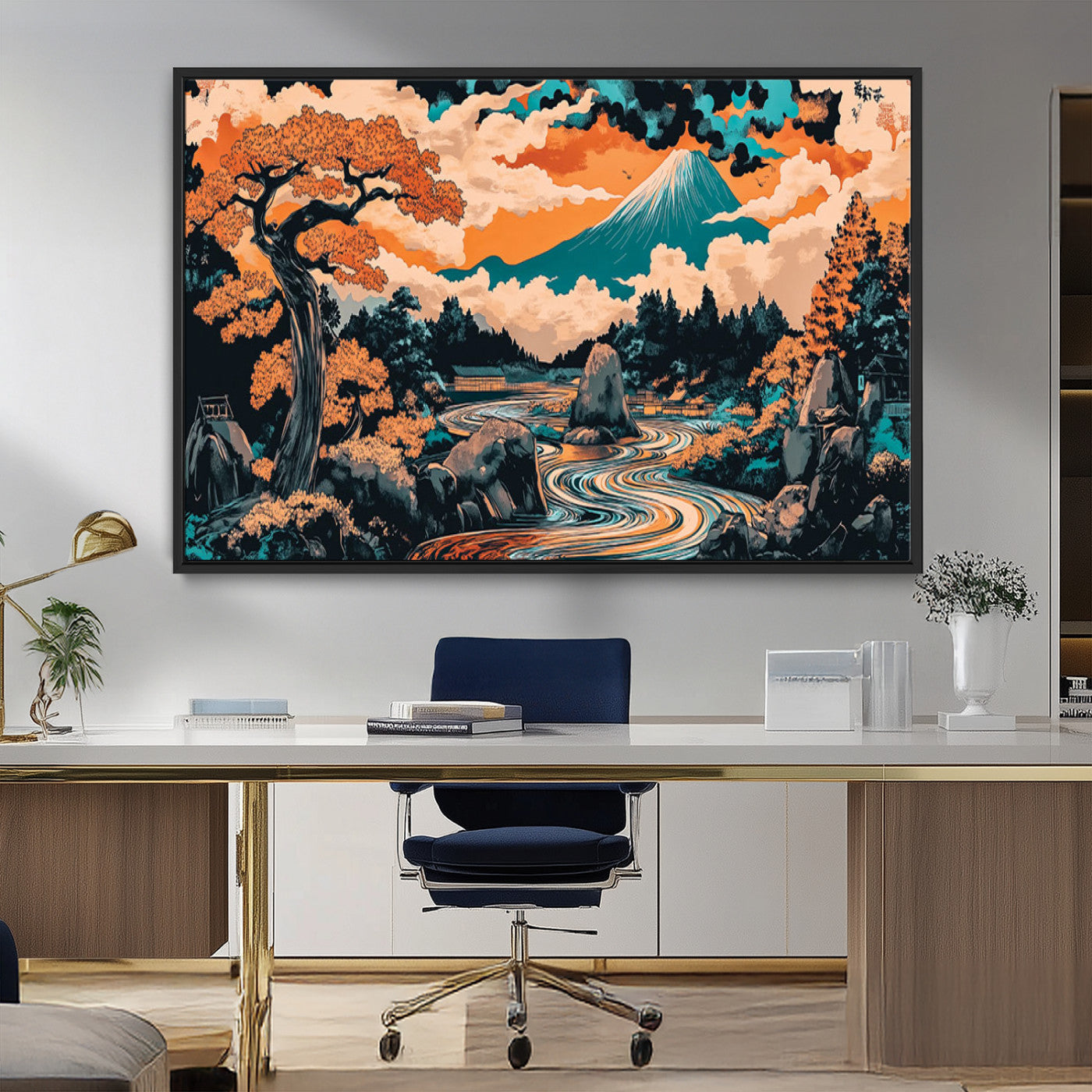 21638941-MGV-CV-36X24-Japanese Landscape Wall Art – Mount Fuji and Flowing River Ukiyo-e Style Canvas Print, Traditional Japan Inspired Artwork for