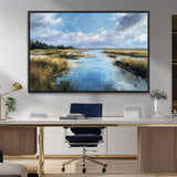 87082041-MGV-CV-36X24-Marshland Landscape Wall Art – Serene Nature Canvas Print with Blue Sky and Reflections, Tranquil Scenic Painting for Living Room,