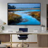 26300004-MGV-CV-36X24-Marshland Landscape Wall Art – Scenic Nature Canvas Print with Golden Grass and Blue Water, Peaceful River Photography for Living
