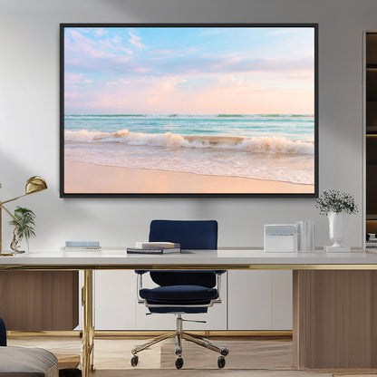 88024944-MGV-CV-36X24-Beach Landscape Wall Art – Coastal Ocean Canvas Print with Gentle Waves and Pastel Sky, Serene Seascape Photography for Living