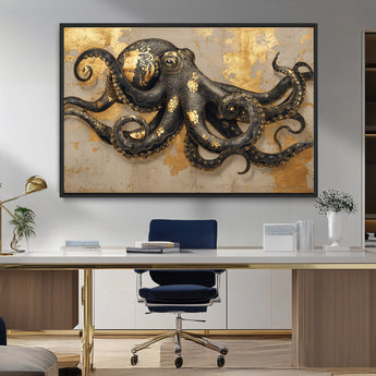57944271-MGV-CV-36X24-Octopus Wall Art – Black and Gold Nautical Canvas Print, Modern Ocean Inspired Artwork with Elegant Detailing, Coastal Marine