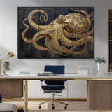 47056538-MGV-CV-36X24-Octopus Canvas Wall Art – Gold Detail, Wooden Texture, Marine Life, Ocean Creature Tentacles, Nautical Coastal Rustic Decor for