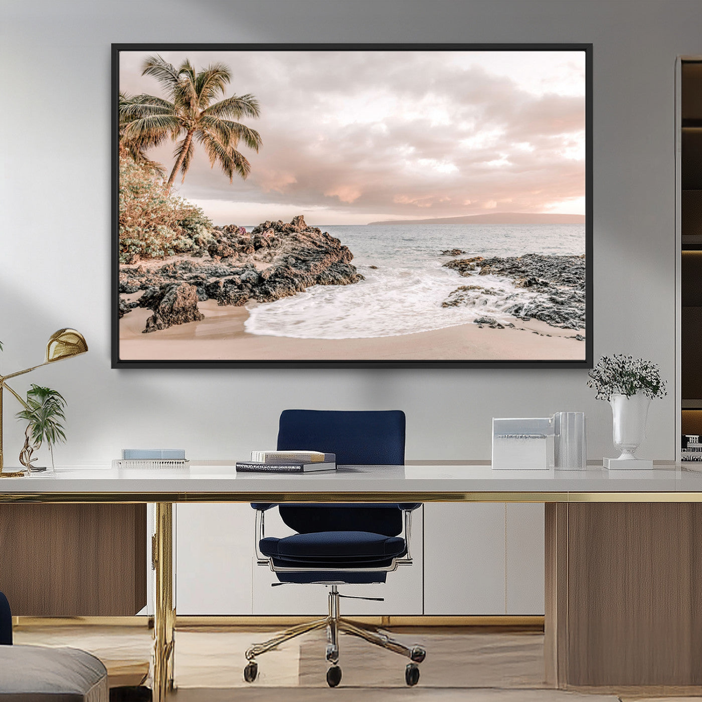 18005328-MGV-CV-36X24-Tropical Beach Canvas Wall Art – Palm Tree, Rocky Shoreline, Ocean Waves, Sunset Clouds, Calm Sea, Island Nature Relaxation for