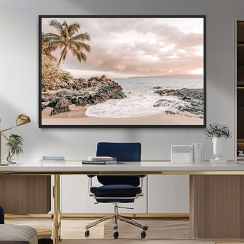18005328-MGV-CV-36X24-Tropical Beach Canvas Wall Art – Palm Tree, Rocky Shoreline, Ocean Waves, Sunset Clouds, Calm Sea, Island Nature Relaxation for