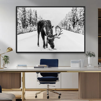 38956835-MGV-CV-36X24-Moose Winter Snowy Forest Canvas Wall Art – Wildlife Nature, Antlers in Frozen Landscape, Quiet Path, Cold Season Outdoors Print
