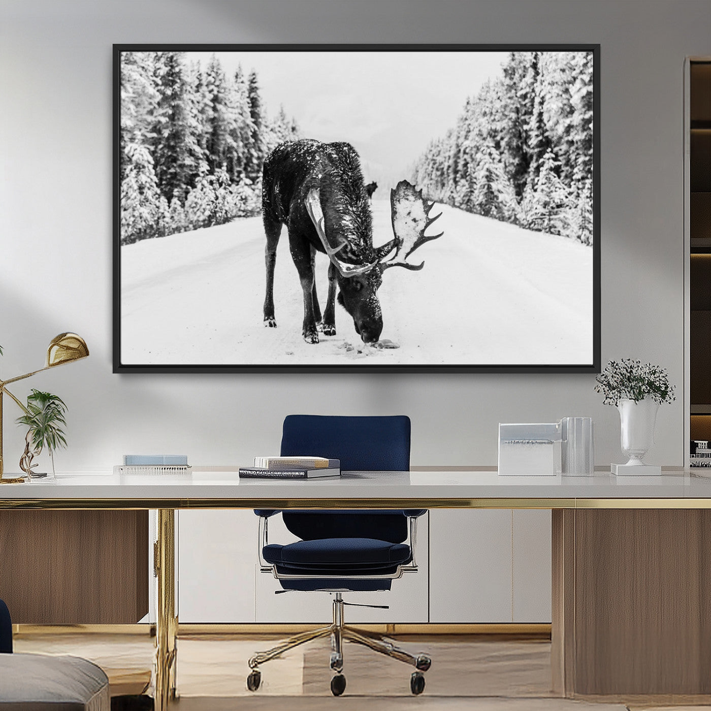 38956835-MGV-CV-36X24-Moose Wall Art – Black and White Wildlife Canvas Print with Snowy Forest Road, Rustic Nature Photography for Cabin, Lodge, Living