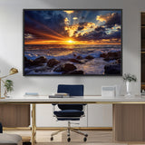 35900590-MGV-CV-36X24-Ocean Sunset Wall Art – Vivid Seascape Canvas Print with Sunburst Sky, Crashing Waves and Rocky Shore, Dramatic Coastal