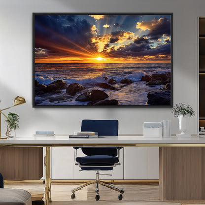 35900590-MGV-CV-36X24-Ocean Sunset Wall Art – Vivid Seascape Canvas Print with Sunburst Sky, Crashing Waves and Rocky Shore, Dramatic Coastal