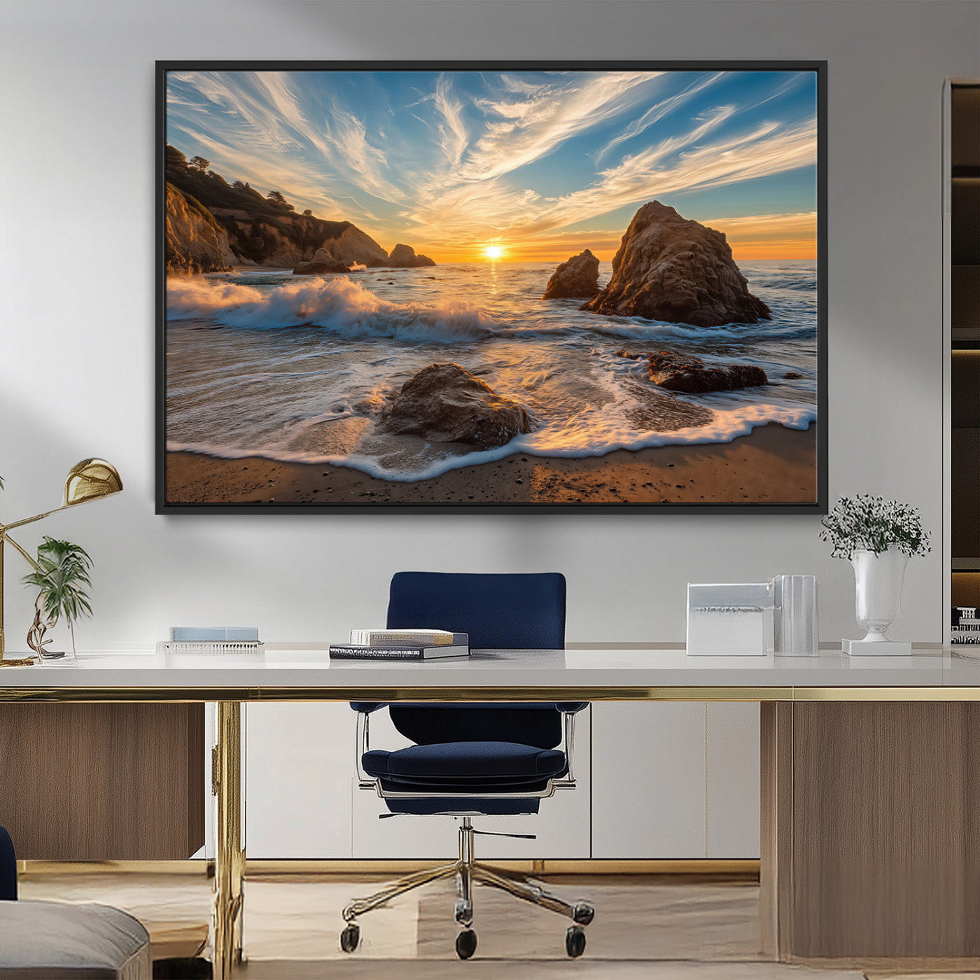 85659923-MGV-CV-36X24-Rocky Ocean Sunset Canvas Wall Art – Seaside Dramatic Seascape Print, Coastal Modern Decor, Ocean Sunset Art for Living Room or