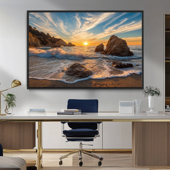 85659923-MGV-CV-36X24-Ocean Sunset Wall Art – Dramatic Seascape Canvas Print with Cliffs, Crashing Waves and Golden Sky, Bold Coastal Photography for