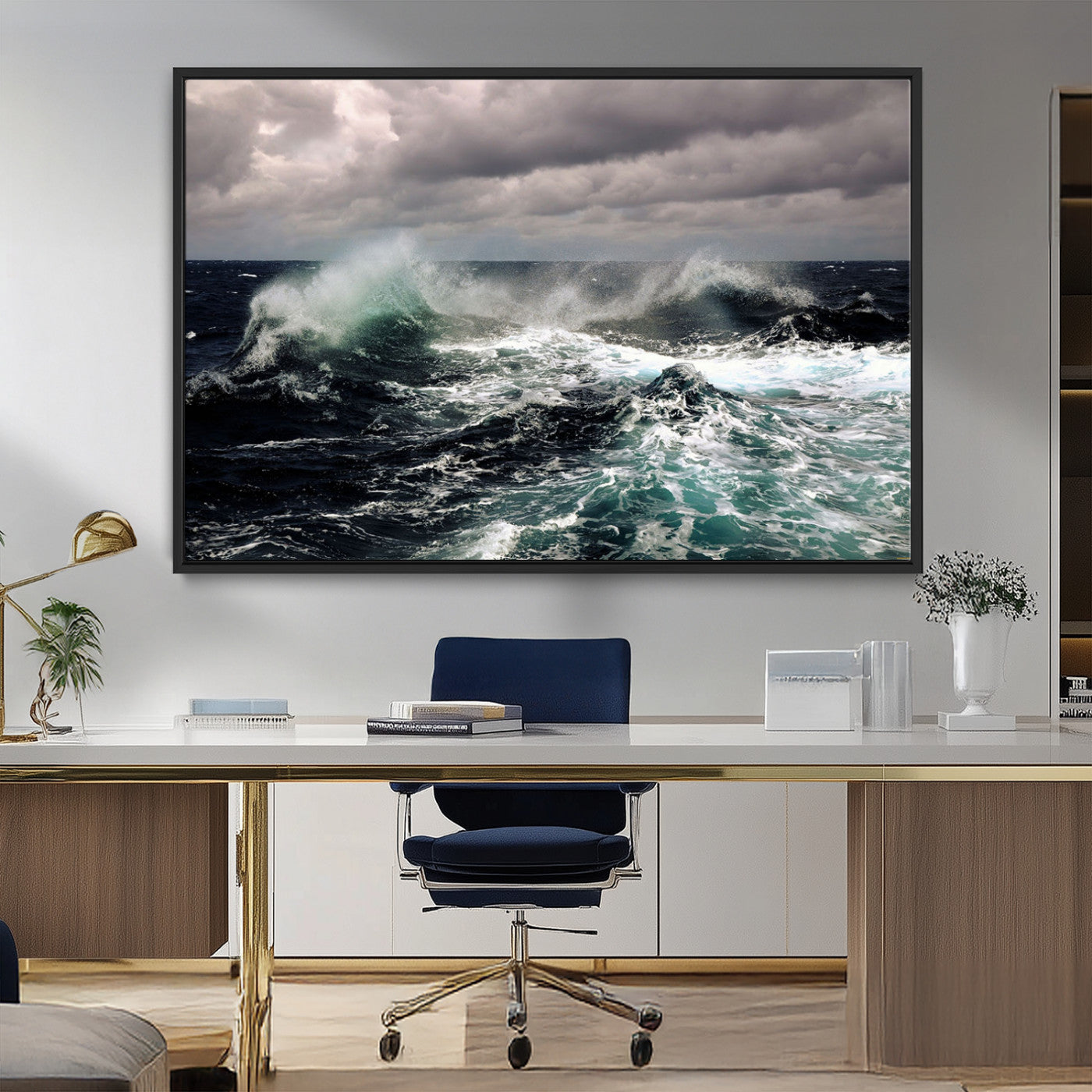 38622353-MGV-CV-36X24-Stormy Ocean Waves Canvas Wall Art – Framed Turbulent Sea Print, Large Nature Canvas for Coastal, Living Room, or Office Spaces