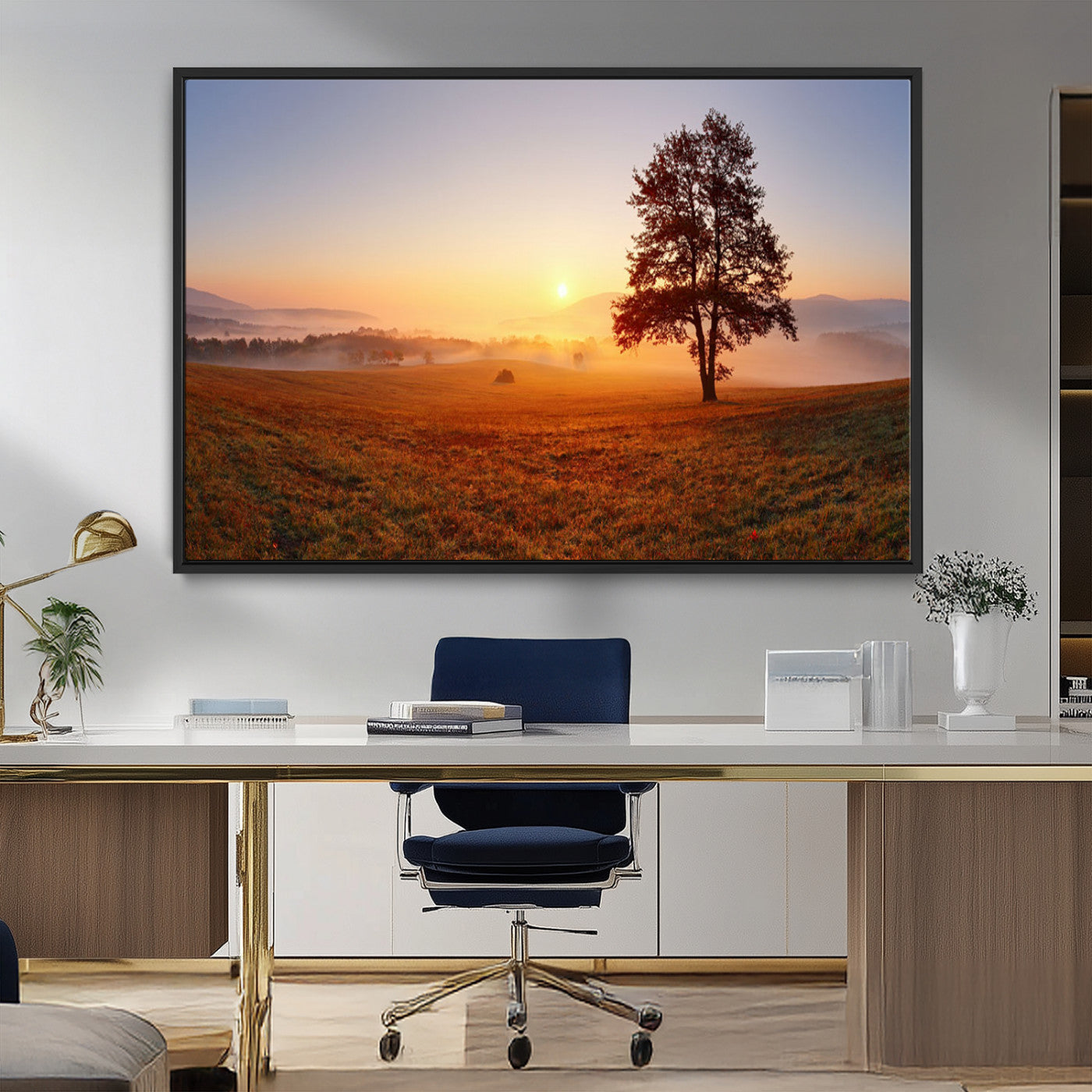 57919623-MGV-CV-36X24-Sunrise Landscape Wall Art – Golden Morning Canvas Print with Tree, Misty Hills and Open Field, Peaceful Nature Photography for
