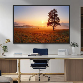57919623-MGV-CV-36X24-Sunrise Landscape Wall Art – Golden Morning Canvas Print with Tree, Misty Hills and Open Field, Peaceful Nature Photography for