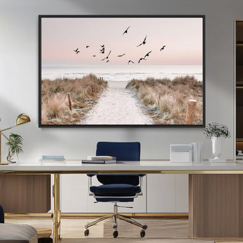 34632598-MGV-CV-36X24-Coastal Pathway Canvas Wall Art – Framed Seaside Landscape, Large Beach and Birds Canvas Print for Home, Office, or Living Room