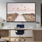 34632598-MGV-CV-36X24-Beach Pathway Wall Art – Coastal Canvas Print with Sandy Trail, Flying Birds and Pastel Sky, Serene Ocean Landscape Photography