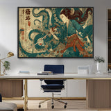 46837670-MGV-CV-36X24-Tsukioka Yoshitoshi Samurai Wall Art Print, Japanese Katana Warrior Canvas Wall Art, Octopus Sea Monster Canvas Print,