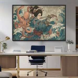 52037775-MGV-CV-36X24-Tsukioka Yoshitoshi Samurai Wall Art Print, Japanese Katana Warrior Canvas Wall Art, Octopus Sea Monster Canvas Print,