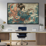 52037775-MGV-FC-36X24_Black-Samurai Woman Wall Art – Japanese Ukiyo e Style Canvas Print with Katana, Ocean Waves and Octopus, Traditional Asian Inspired